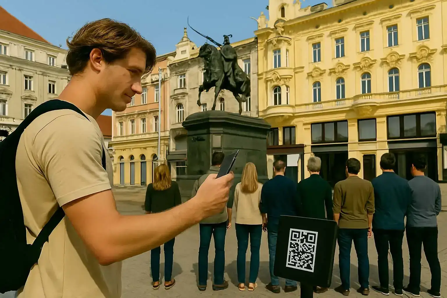 Turisti skeniraju QR kod ispred spomenika banu Josipu Jelačiću na glavnom trgu u Zagrebu